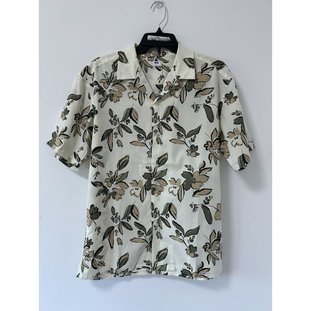 Uniqlo Men's Button Up Shirt Floral Hawaiian Short Sleeve Cotton Men's Ivory SM